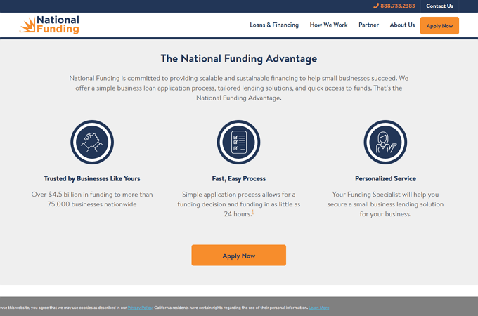 Screenshot of National Funding advantage, including no-risk application, fast and easy process, and personalized service