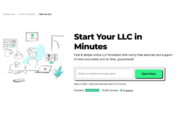 Screenshot of ZenBusiness homepage