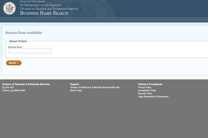 Screenshot of the New Jersey Division of Revenue business name search tool