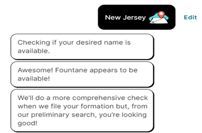 Screenshot of ZenBusiness questionnaire showing the business name is available