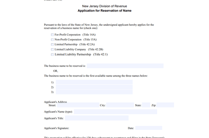 Screenshot of the Application for Reservation of Name Document