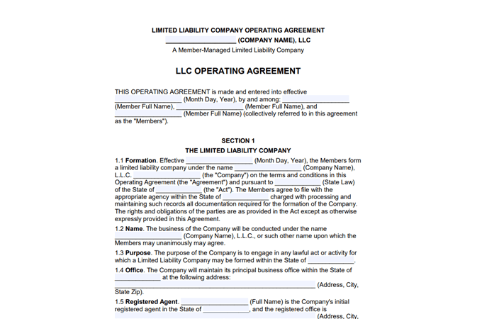 Screenshot of an Operating Agreement template