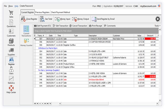 Screenshot of Nextar POS current register screen.