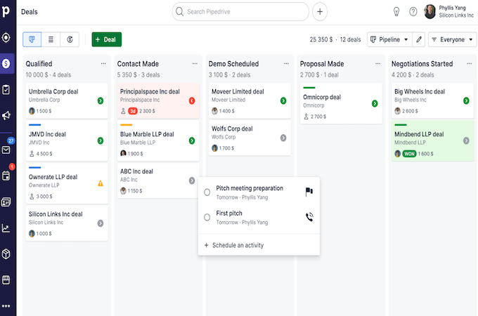 Screenshot of the Pipedrive interface pipeline view