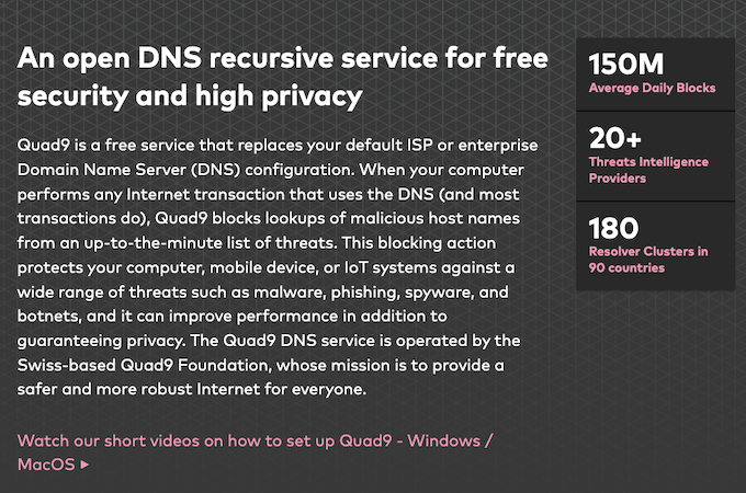Screenshot of Quad9 webpage with description of their open DNS recursive service for free security and high privacy