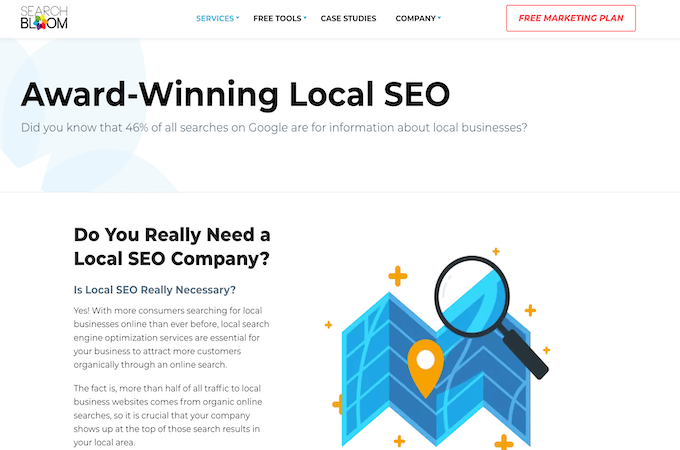 Screenshot of Searchbloom award-winning local SEO webpage