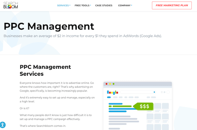Screenshot of Searchbloom PPC Management webpage