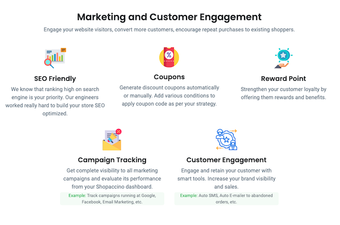 Screenshot of Shopaccino marketing and customer engagement webpage