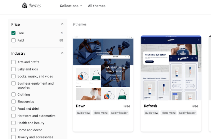 Screenshot of Shopify webpage showing free themes