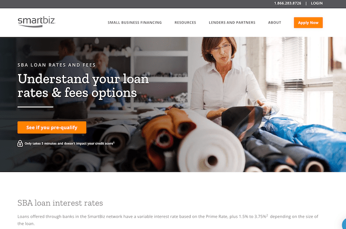 Screenshot of SmartBiz webpage for understanding SBA loan rates and fees