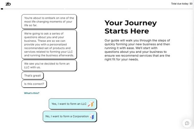 Screenshot of ZenBusiness webpage with headline that says "Your Journey Starts Here"