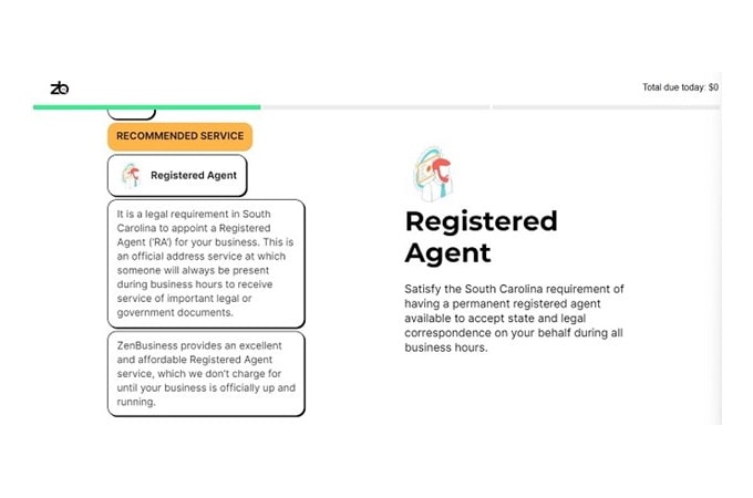 Screenshot of ZenBusiness Registered Agent webpage