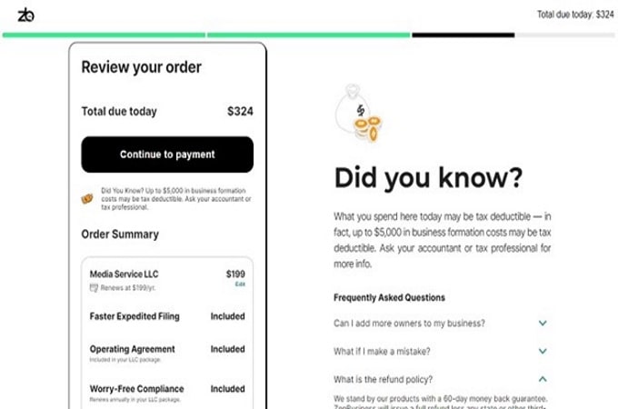 Screenshot of ZenBusiness webpage to review your order before completion