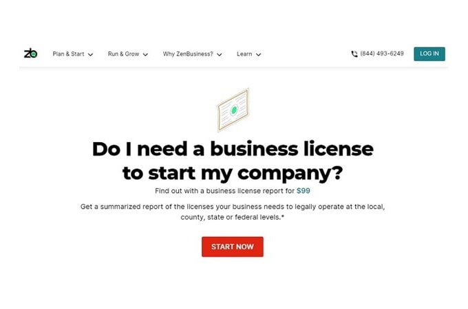 Screenshot of ZenBusiness webpage with headline that asks "Do I need a business license to start my company?"