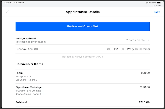 Screenshot of Square POS appointment details screen.