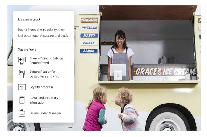 Screenshot from Square website showing an ice cream truck business with a list of Square tools that businesses can use.