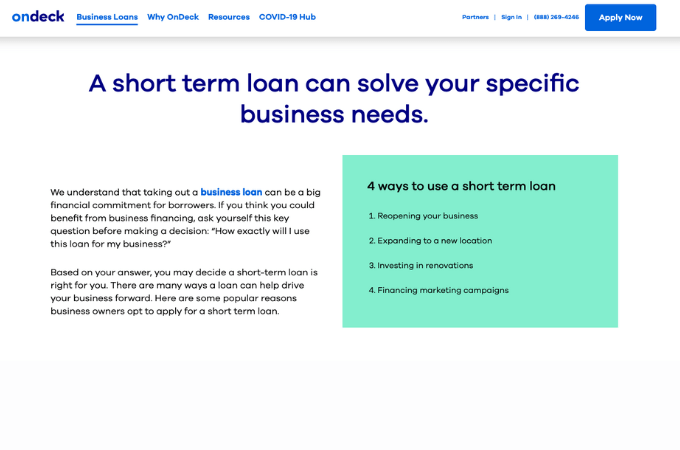 Screenshot from OnDeck website explaining how a short term loan can solve your specific business needs