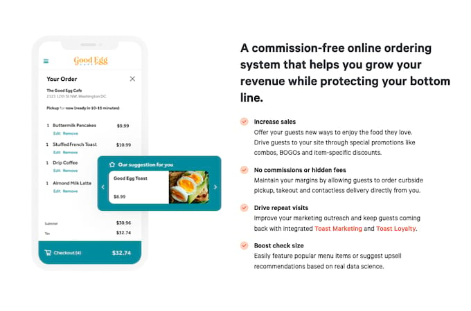 Screenshot of Toast's online ordering system with features describing how it will help grow business.
