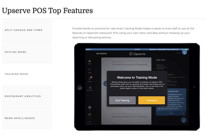 Upserve Training Mode feature displayed on an iPad screen