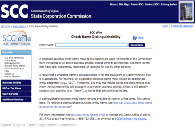 Screenshot of Virginia State Corporation webpage to check business name distinguishability