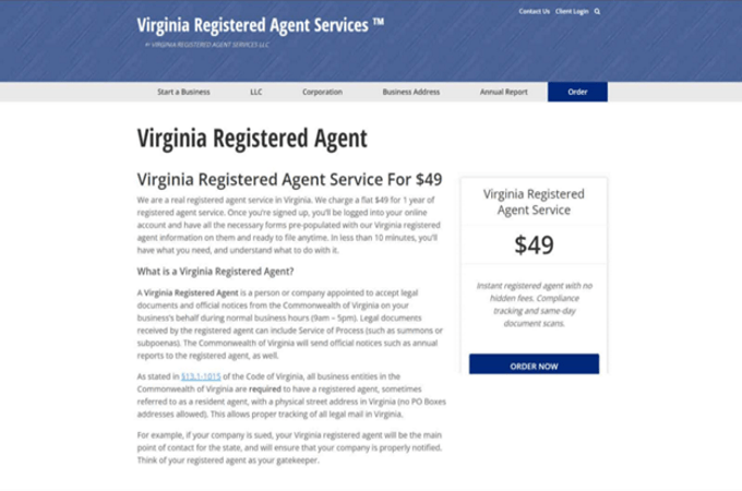Screenshot of Virginia Registered Agent Services webpage