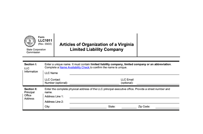 Virginia Articles of Organization form