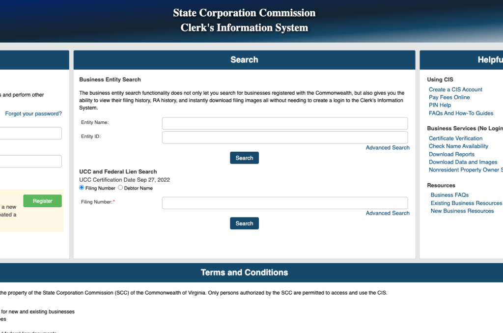 Screenshot of Virginia State Corporation Commission Clerk's Information System webpage