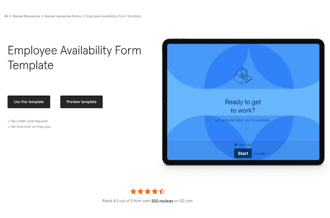 Screenshot of Typeform's employee availability form template download page.