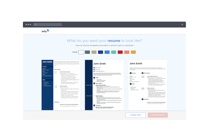 Screenshot of Zety's home page with "What do you want your resume to look like?" and various color choices and three templates as examples displayed.