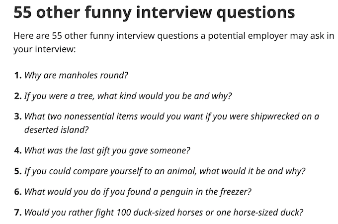 A screenshot from Indeed's funny interview questions web page.
