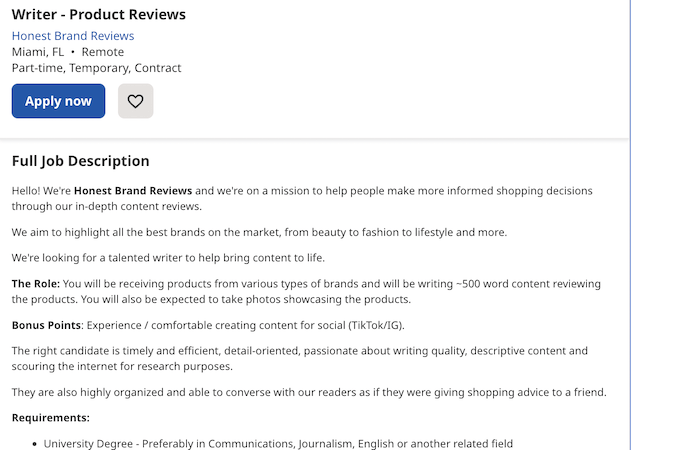 A screenshot of a job posting for a writer that reviews products with full job description.