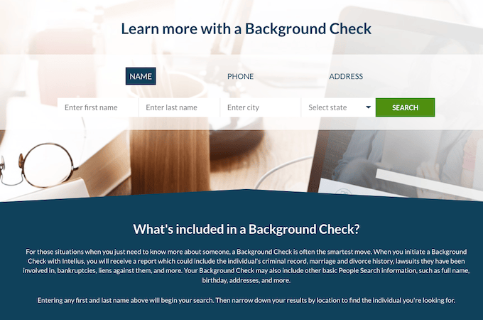 Screenshot from Intellius background check web page describing features that are included with their services.