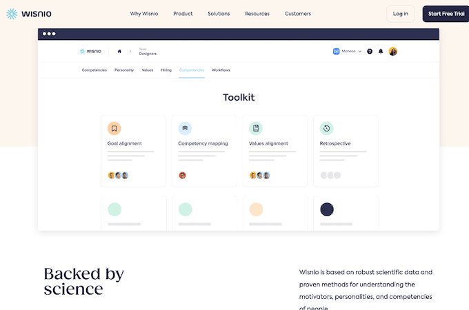 Screenshot of Wisnio's features web page.