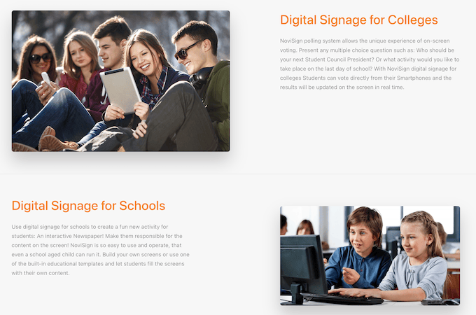 On the left is a photo of five people sitting in a row smiling and looking at mobile devices. On the right is a header in orange lettering that reads “Digital Signage for Colleges” with an explanation of NoviSign’s use for college campuses below it.