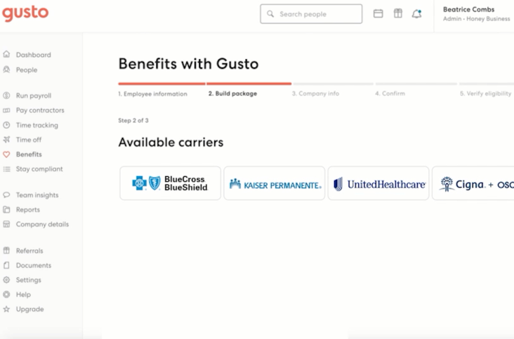 Screenshot of Gusto HR software showing benefit package options for the user.