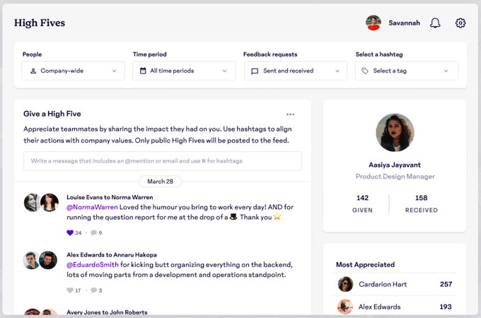 Screenshot of 15five's employee incentives high fives feature dashboard.