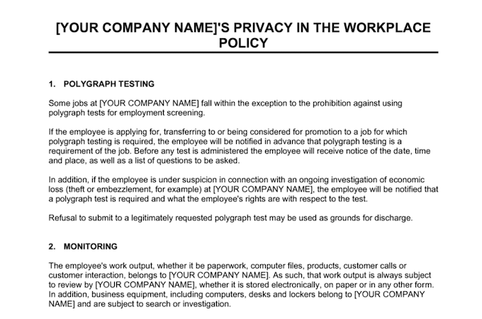Screenshot of Business in a Box's privacy in the workplace policy template.