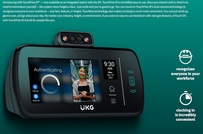 Screenshot from UKG's website showing face recognition with clock-in system. Feature descriptions on page as well.