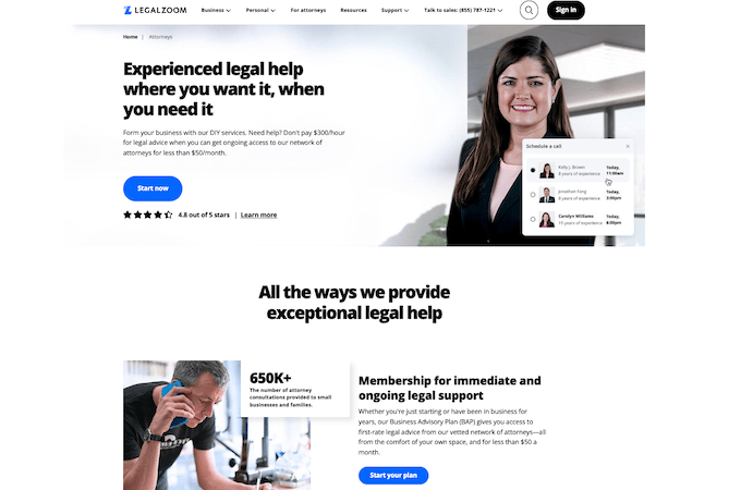 Screenshot of Legal Zoom's lawyer web page.