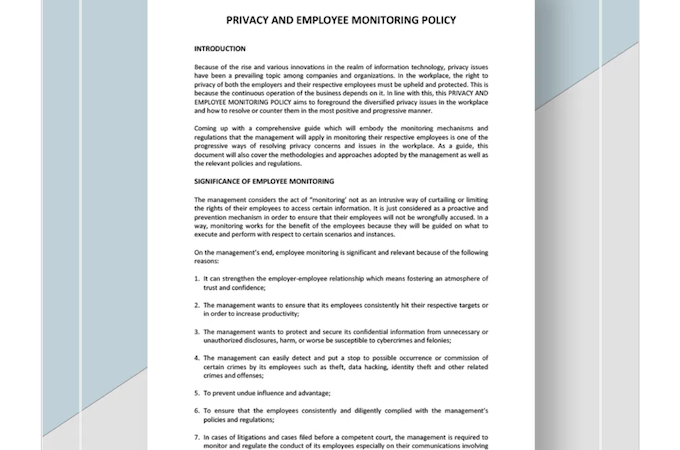 Screenshot of a privacy and employee monitoring policy from template.net.