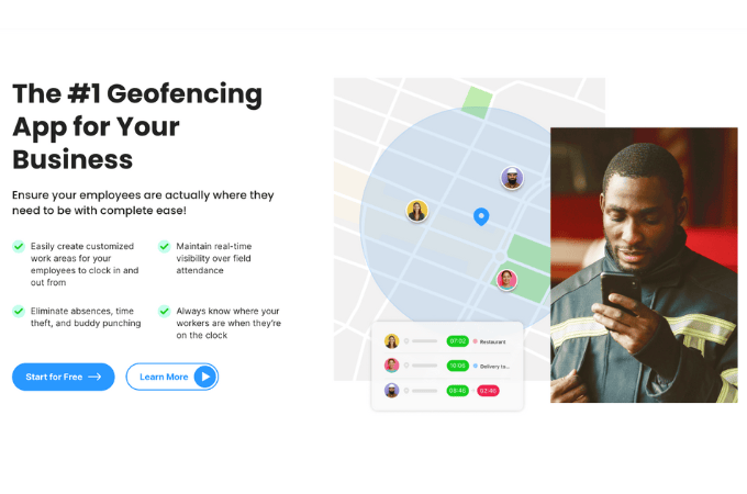 Screenshot from Connecteam's website describing their Geofencing features with two buttons for users to learn more or start for free.