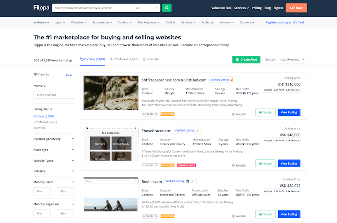 Screenshot of Flippa's marketplace webpage.