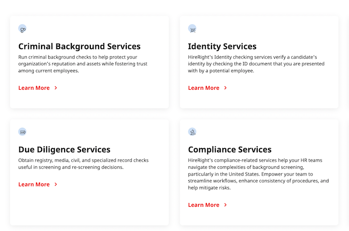 Screenshot from HireRight's services page with descriptions of featured services.