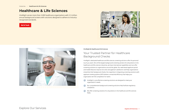 Screenshot from HireRight's healthcare and life sciences page describing their services in this industry.