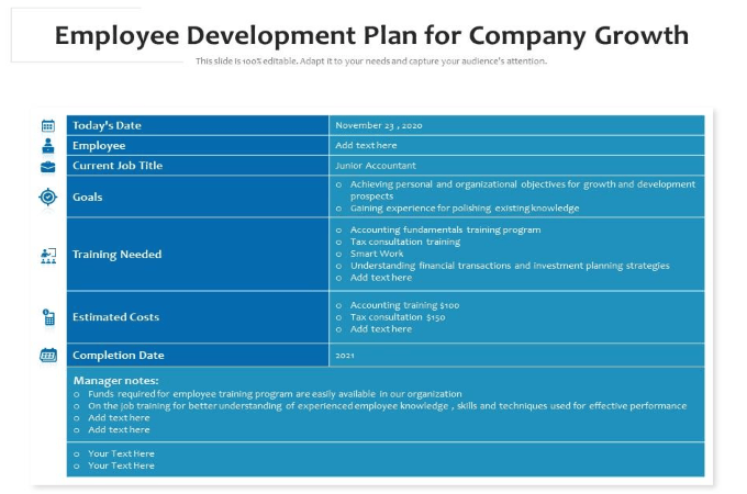 Screenshot from slideteam.net's employee development plan for company growth page showing an example plan.