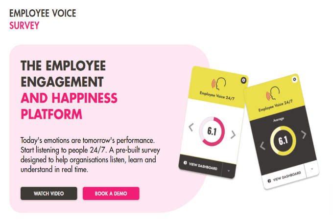 Screenshot from thehappinessindex.com's employee voice web page with a CTA to watch a video and book a demo.