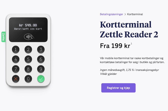 Screenshot of Zettle mobile POS hardware page.
