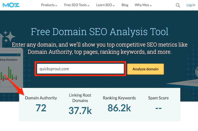 Screenshot of Moz free domain seo analysis tool web page.