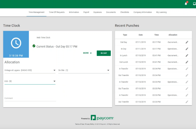 Screenshot of Paycom's time management system time clock and recent punches feature.