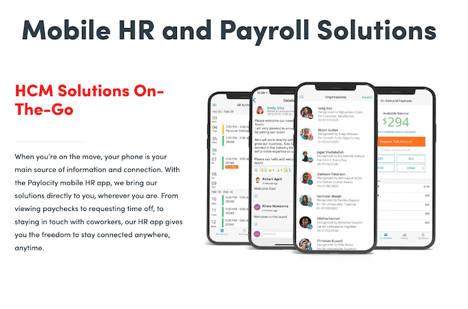 Screenshot from Paylocity's website showing their mobile HR and payroll solutions with descriptor and four mobile devices.